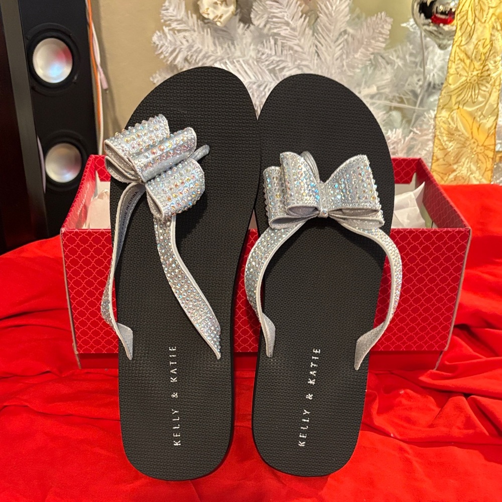 Kelly & Katie Black Sandals with Silver Bow
